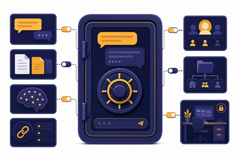 Vault-like chat window with compartments for prompts, files, memory, shared links, and workspace access.