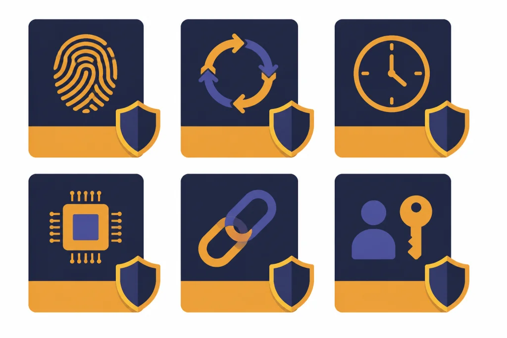 Six Privacy Risk Cards Six risk cards with icons for identity, training, retention, memory, sharing, and admin access.