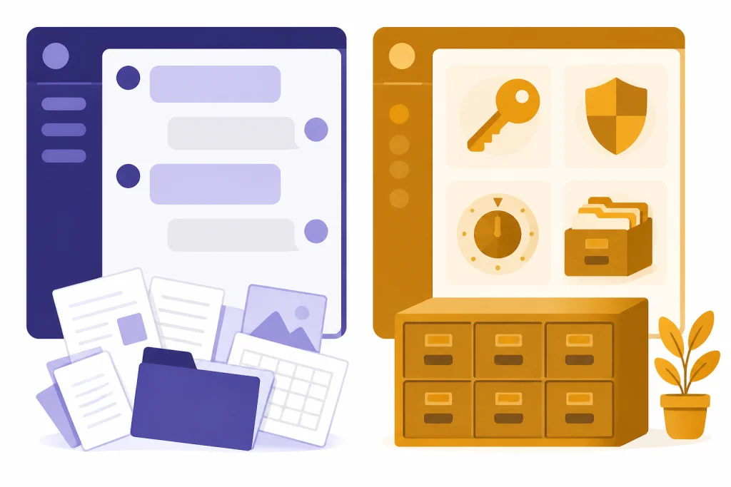 Two account panels: personal chat with loose documents and managed workspace with key, shield, dial, and cabinet.