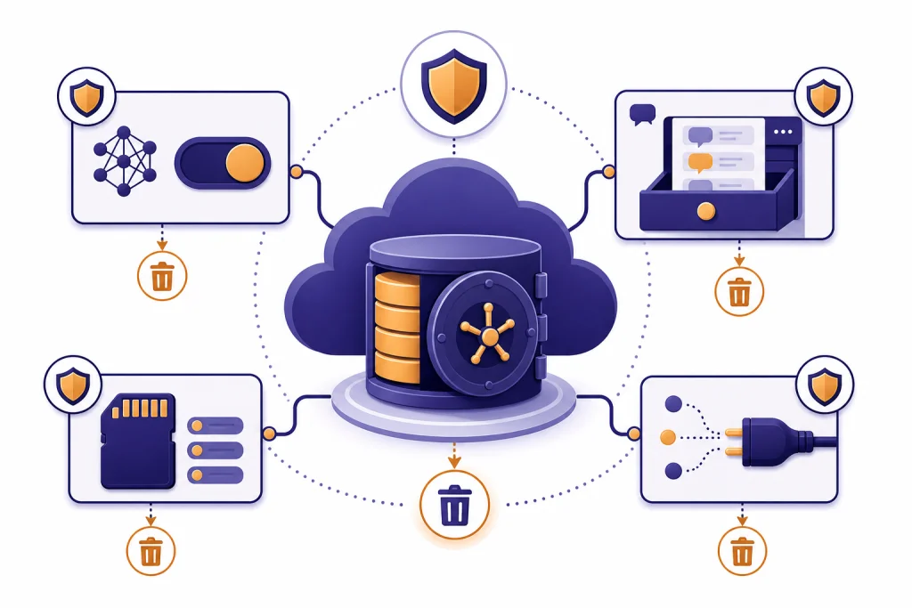 ChatGPT Privacy Controls Cloud database vault linked to training, chat history, memory, and connector control panels.