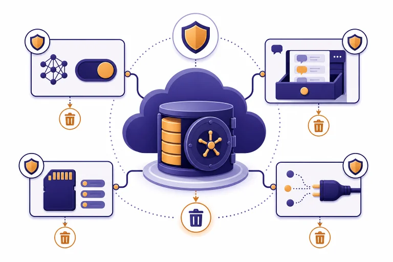 Cloud database vault linked to training, chat history, memory, and connector control panels.
