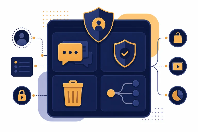 Privacy dashboard with chat bubbles, shield, trash bin, and branching connector line.