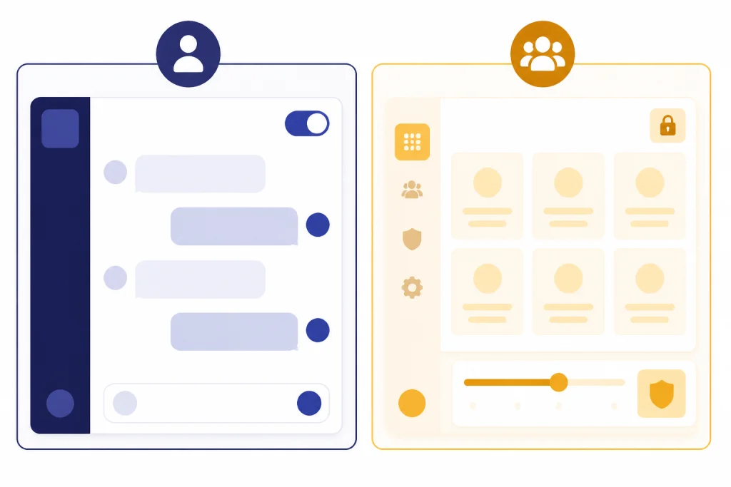 Consumer Business Comparison Split board comparing single-user chat controls with team workspace admin controls.