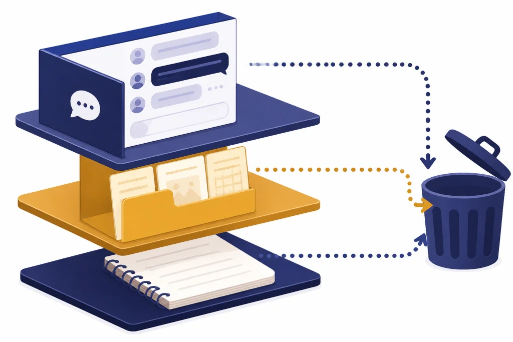 Saved Data Layers Three-layer retention stack shows chat drawer, file folder, and memory notepad with deletion arrows.