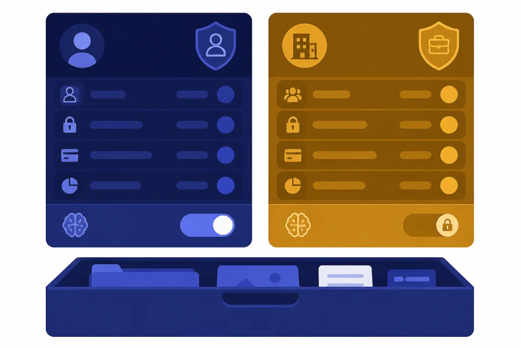 Two account cards compare personal training switch and business locked switch above one storage drawer.