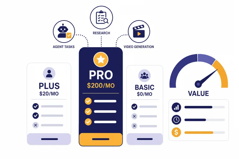 Pricing dashboard with cards labeled PLUS $20/MO and PRO $200/MO beside a VALUE gauge and tool icons.