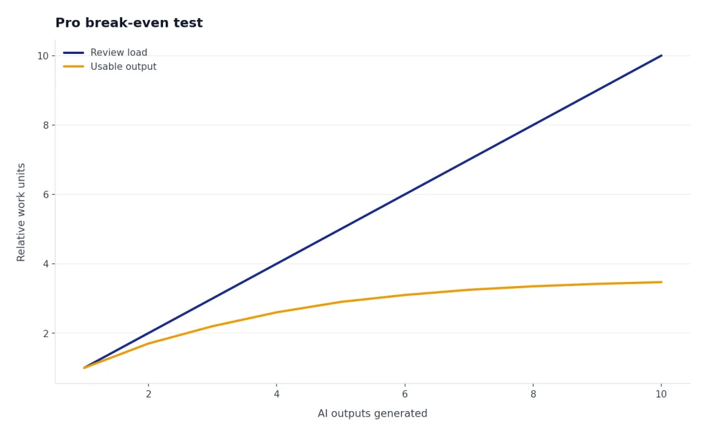 Line chart: Review load rises 1 to 10 while Usable output flattens near 3.5 across 10 AI outputs.