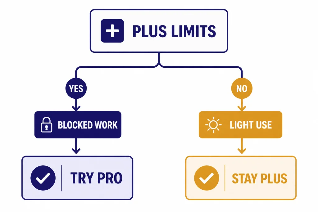 Pro Upgrade Decision Flow Decision flow with PLUS LIMITS branching to BLOCKED WORK, LIGHT USE, TRY PRO, and STAY PLUS.