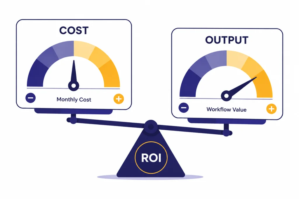 Break-even dashboard with gauges labeled COST, OUTPUT, and ROI on a tilted balance beam.