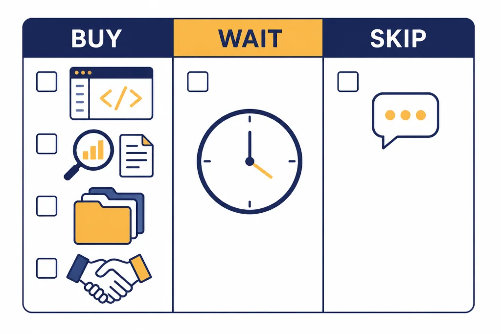 Decision matrix with columns labeled BUY, WAIT, and SKIP plus work, clock, and chat icons.