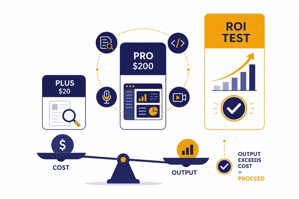 ChatGPT Pro Value Test Three stacked cards labeled PLUS $20, PRO $200, and ROI TEST with research, code, voice, and video icons.