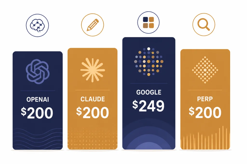 Four pricing cards labeled OPENAI $200, CLAUDE $200, GOOGLE $249, and PERP $200.