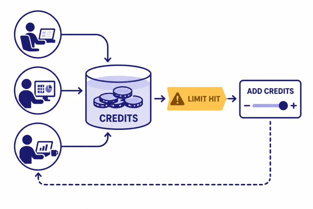 Workspace Credit Flow Workspace usage flow with employee circles, shared pool labeled CREDITS, LIMIT HIT banner, and ADD CREDITS slider.