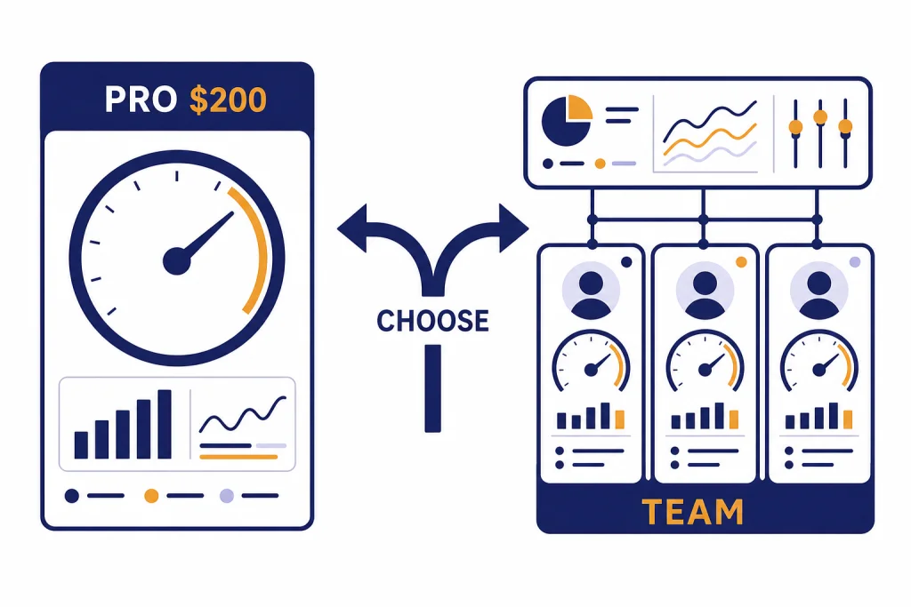 Pro Versus Team Choice Decision dashboard with one card labeled PRO $200 and three connected cards labeled TEAM, joined by CHOOSE arrow.