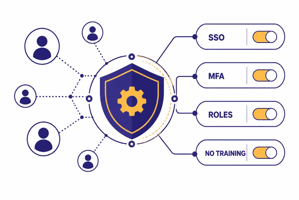 Business Security Controls Security panel with admin shield and toggles labeled SSO, MFA, ROLES, and NO TRAINING.