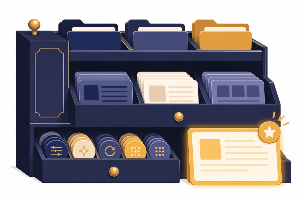Prompt library cabinet with folders, template cards, revision chips, and a highlighted favorite card.