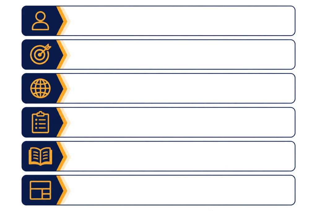 Six stacked blank prompt cards with icons for role, goal, context, constraints, source, and output.