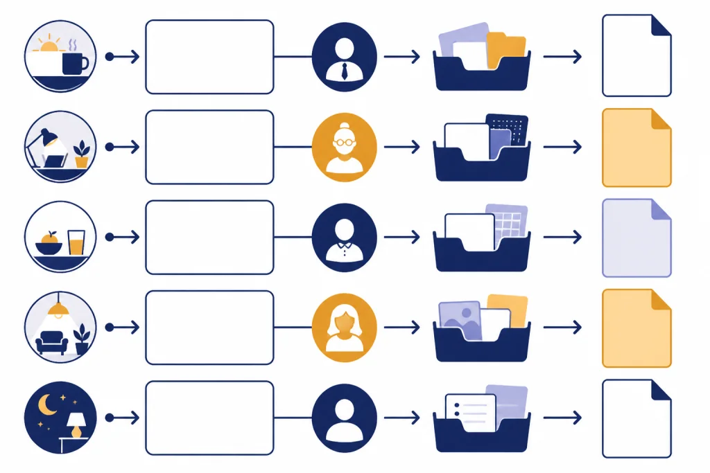 Workflow Prompt Grid Workflow grid connecting daily moments to role icons, source trays, and output document shapes.