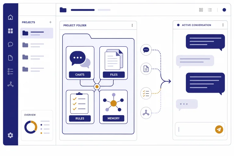 Project folder dashboard with connected labels CHATS, FILES, RULES, and MEMORY feeding one conversation pane.