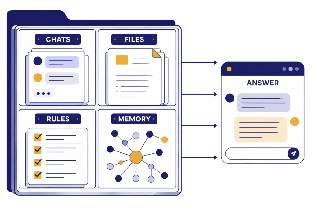 Folder diagram with compartments labeled CHATS, FILES, RULES, MEMORY, connected to ANSWER.
