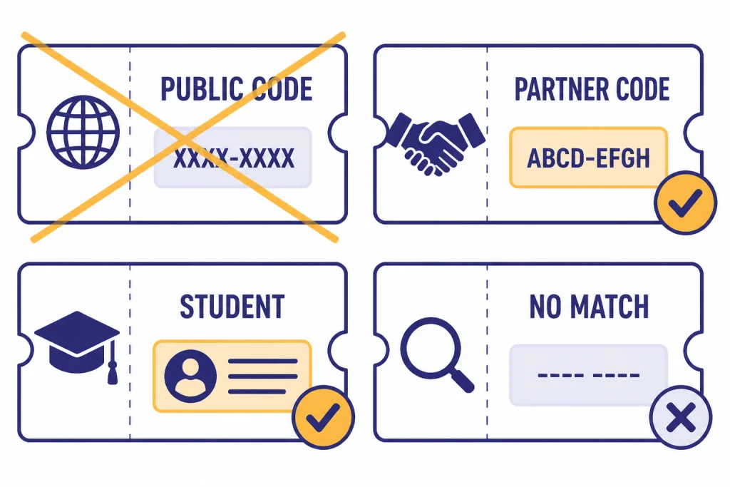 Four coupon tiles labeled PUBLIC CODE, PARTNER CODE, STUDENT, and NO MATCH, with public code crossed out.