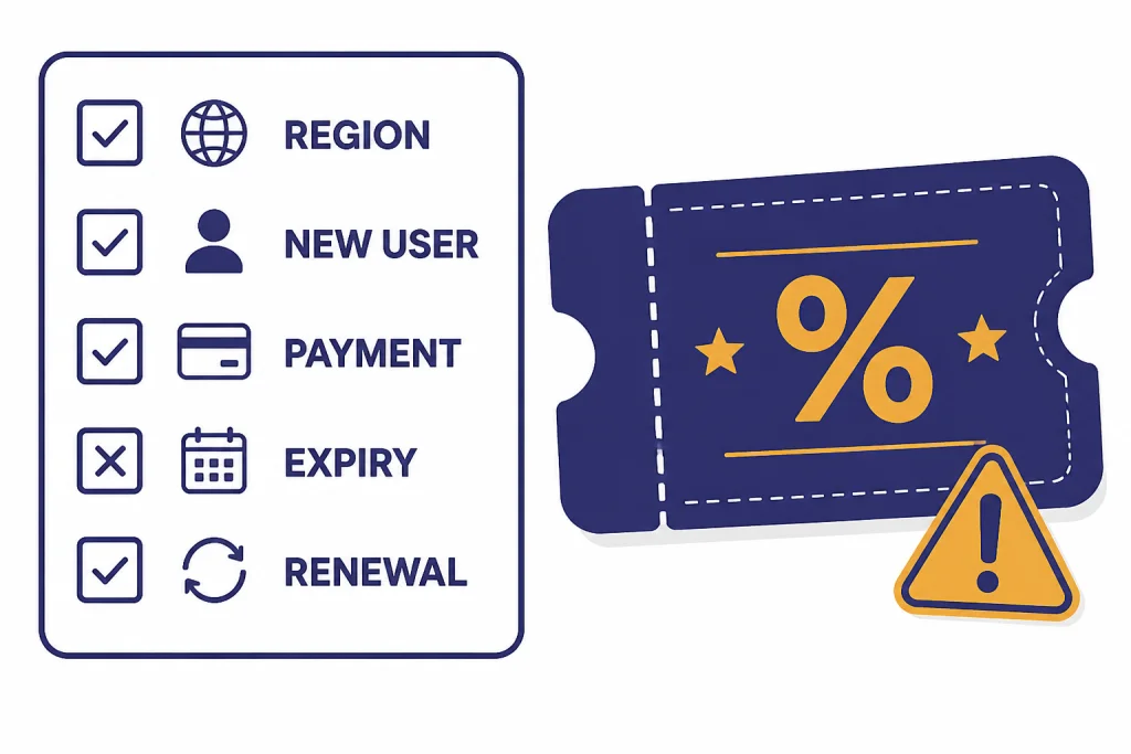 Checklist beside coupon card with labels REGION, NEW USER, PAYMENT, EXPIRY, and RENEWAL.