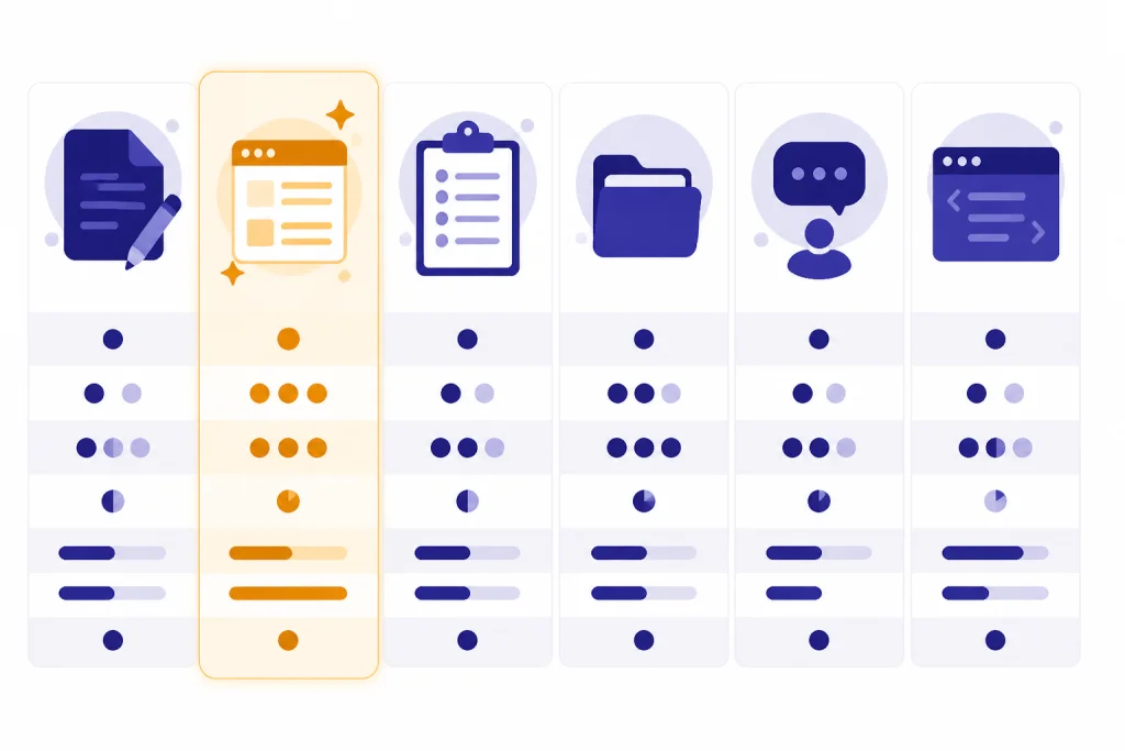 Six option cards in a comparison matrix with one prompt generator card highlighted.
