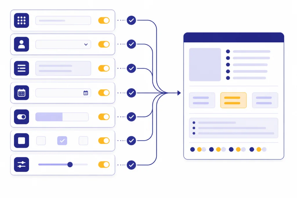 Seven stacked form cards feeding into one structured output panel with check icons.
