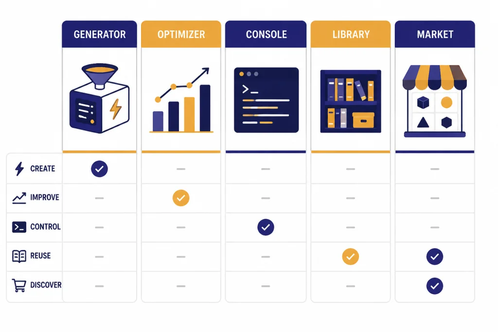 Five comparison cards labeled GENERATOR, OPTIMIZER, CONSOLE, LIBRARY, and MARKET.
