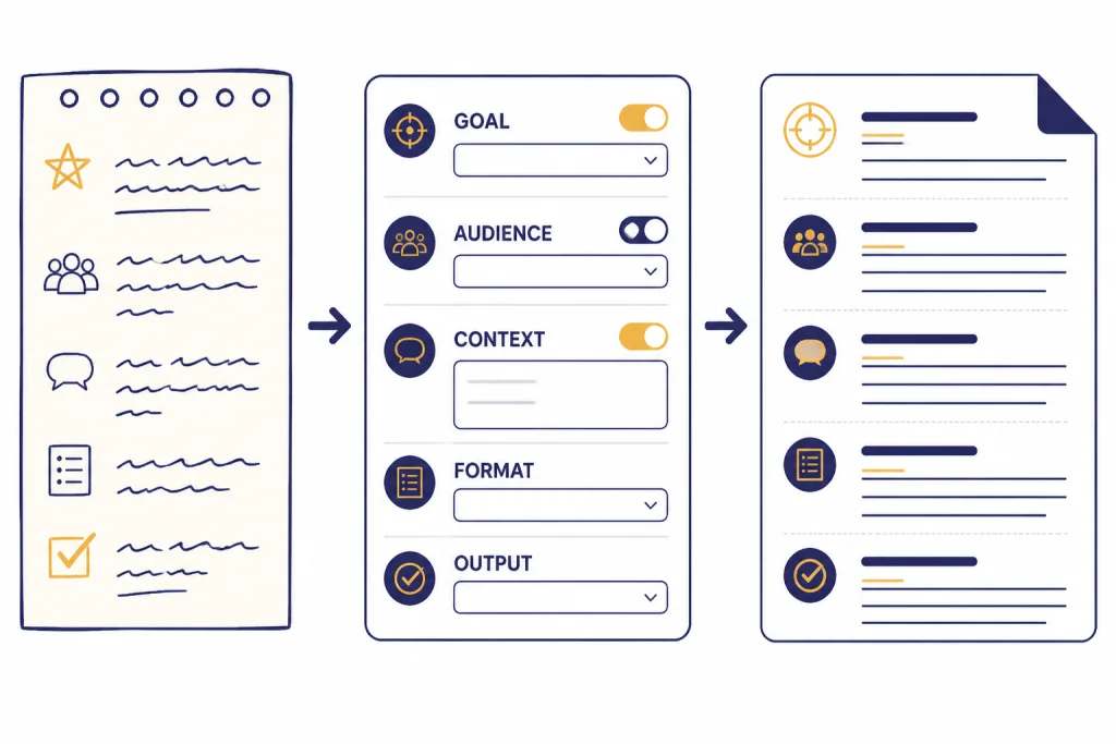 Generator Input Structure Three-panel generator diagram labeled GOAL, AUDIENCE, CONTEXT, FORMAT, and OUTPUT.