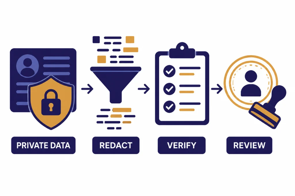 Safety flow with PRIVATE DATA card, REDACT funnel, VERIFY checklist, and REVIEW stamp.