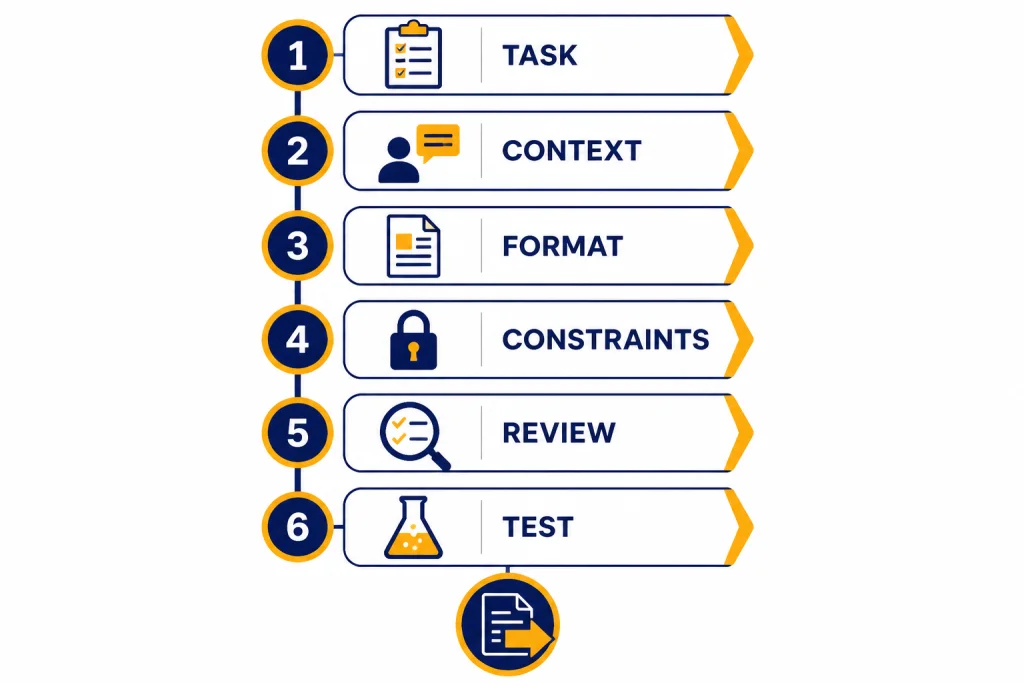 Prompt Generator Steps Six-step checklist labeled TASK, CONTEXT, FORMAT, CONSTRAINTS, REVIEW, and TEST.