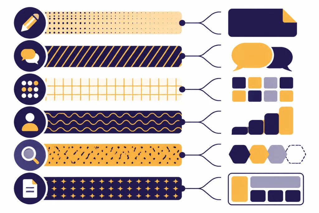 Prompt Pattern Comparison Six-row prompt pattern table branching to six different output shapes