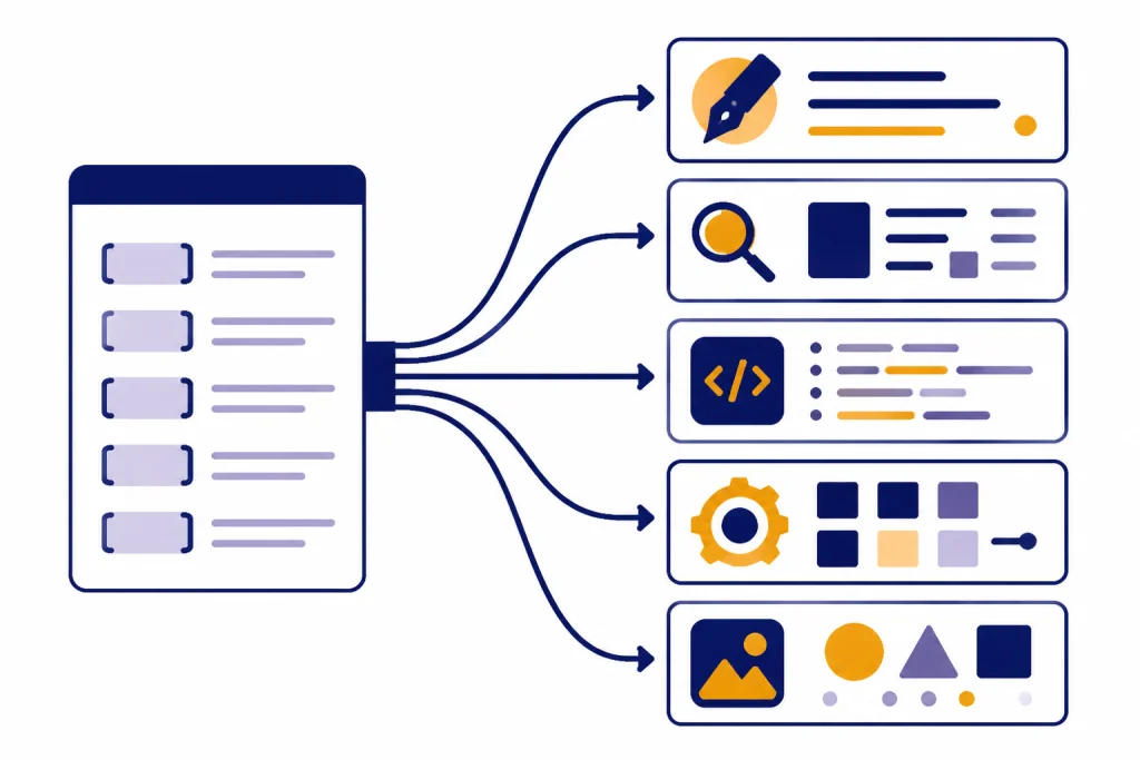 Prompt Use Workflow Prompt card with bracket placeholders flowing into five task cards