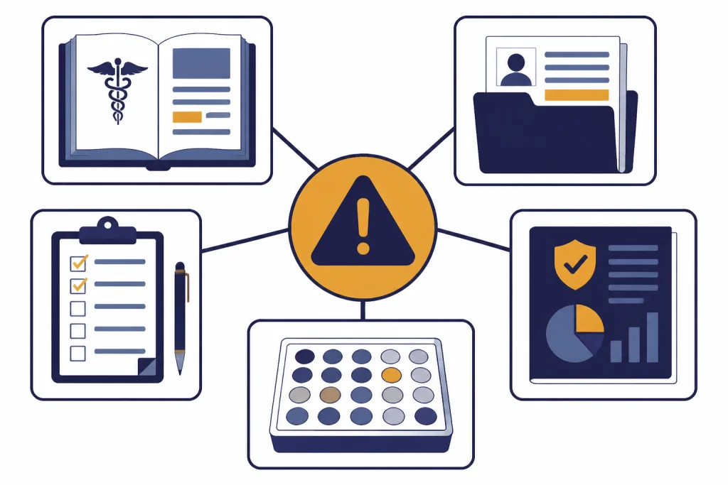Evidence matrix with clinical book, case file, survey form, model test panel, and safety report.