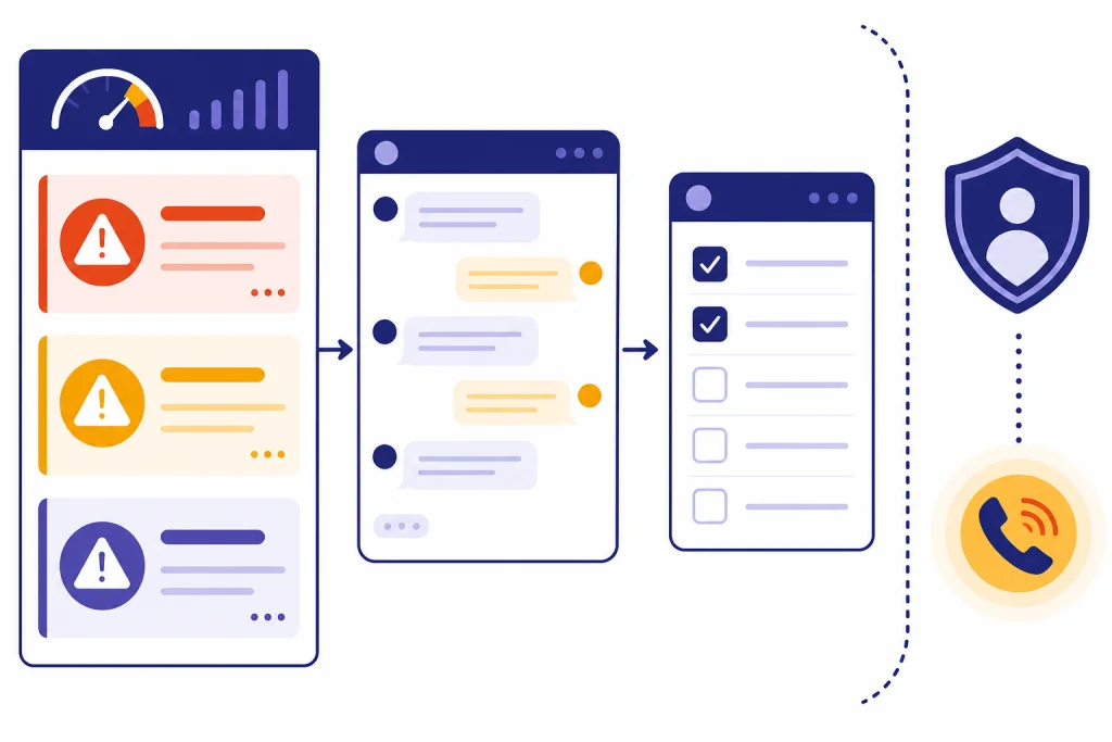 Chatbot Mental Health Triage Risk triage dashboard with chat window, clinical checklist, alert cards, and safety phone icon.