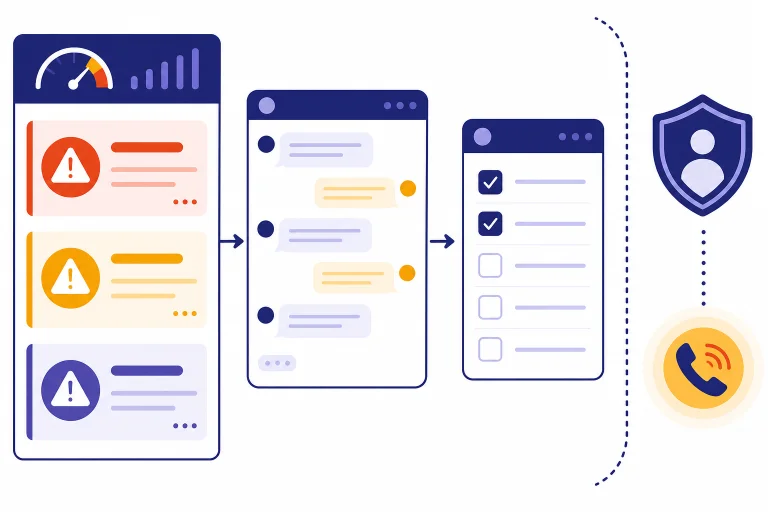 Risk triage dashboard with chat window, clinical checklist, alert cards, and safety phone icon.