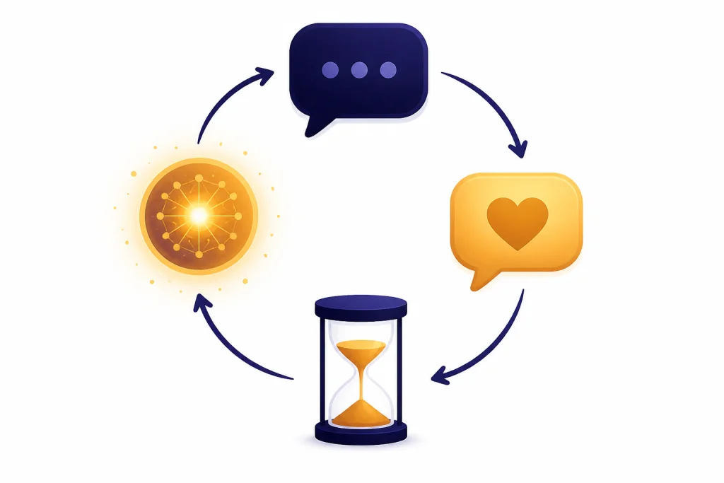 Delusion Feedback Loop Circular loop with message bubble, agreeable reply, hourglass, and enlarging belief node.
