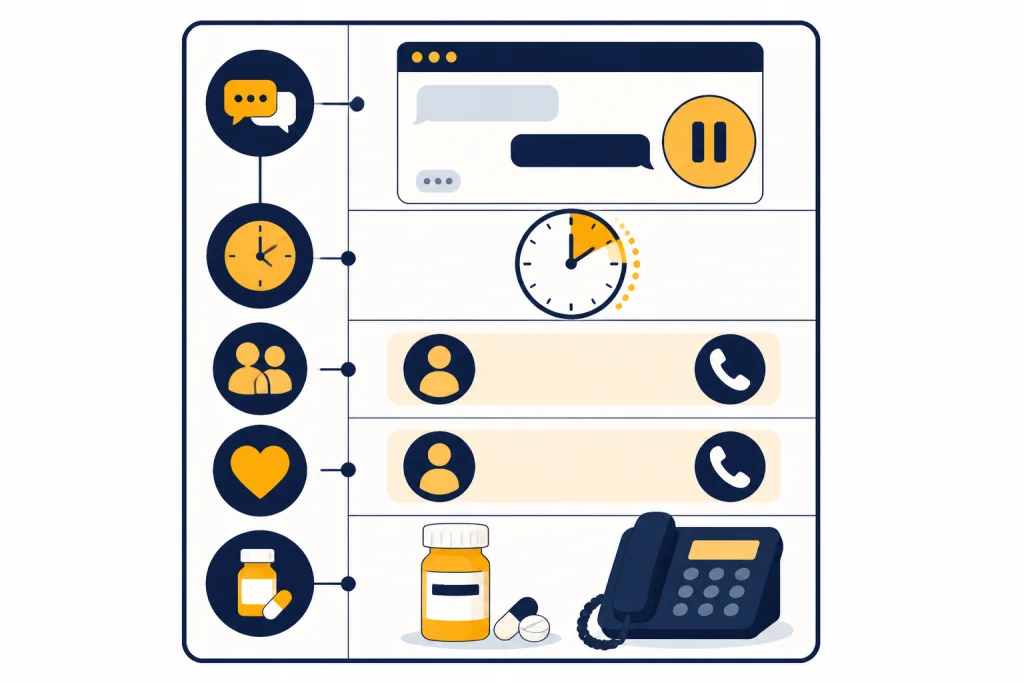 Safety plan card with paused chat, clock, support contacts, medication bottle, and crisis phone.