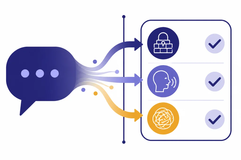 Chat bubble flowing into symptom checklist with fixed belief, unseen voice, and thought icons.