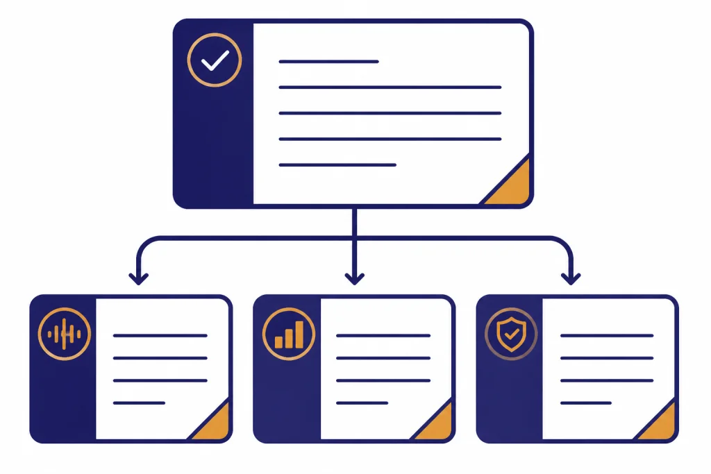 One master context card feeds three smaller cards for voice, market, and compliance boundaries.