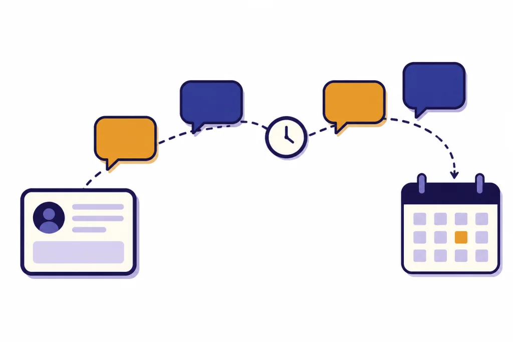 Lead Follow-Up Pipeline Four blank message bubbles move from an inquiry card to a calendar card with a clock in between.