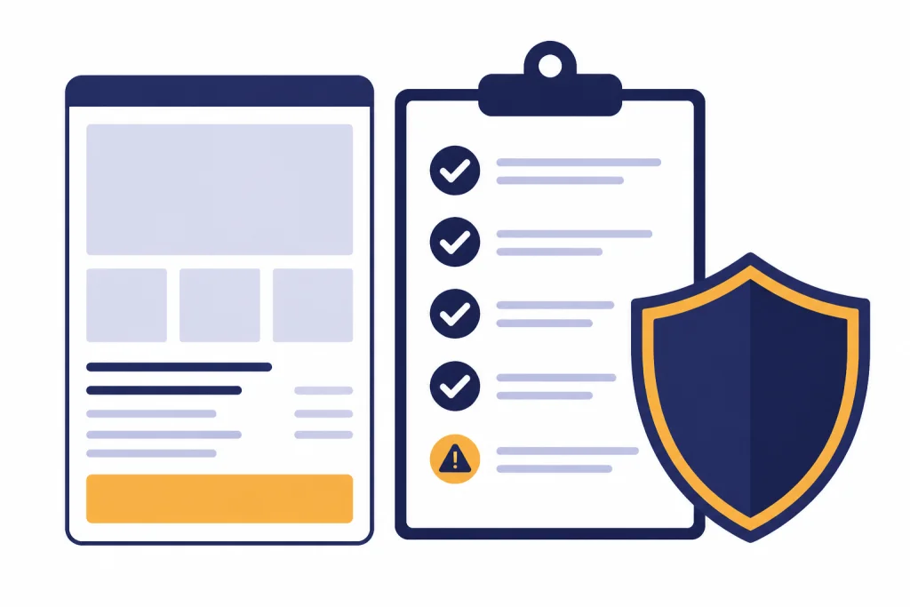 Property listing card beside a compliance checklist with check marks, a caution triangle, and a shield.