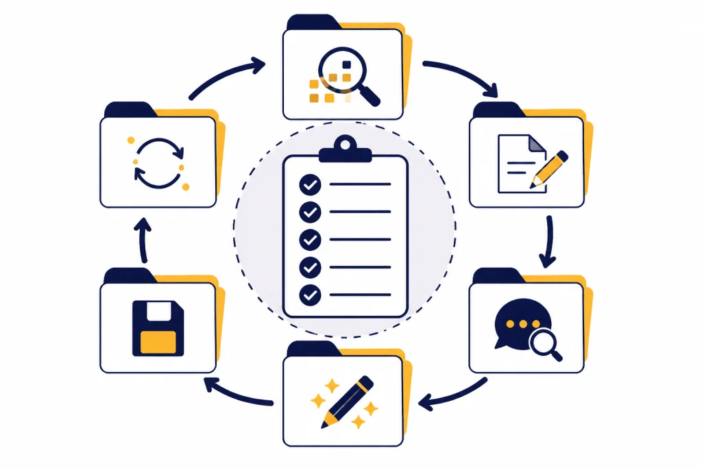 Six connected folder cards form a loop around a central review checklist with small workflow icons.