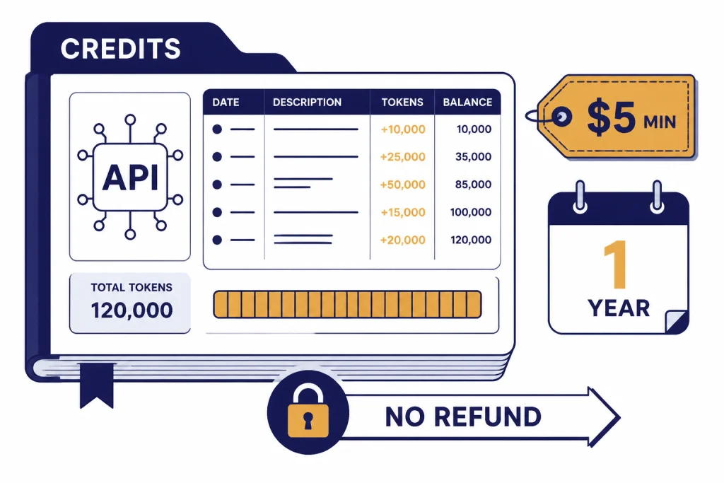 API credit ledger labeled CREDITS with $5 MIN tag, 1 YEAR calendar, and NO REFUND locked arrow.