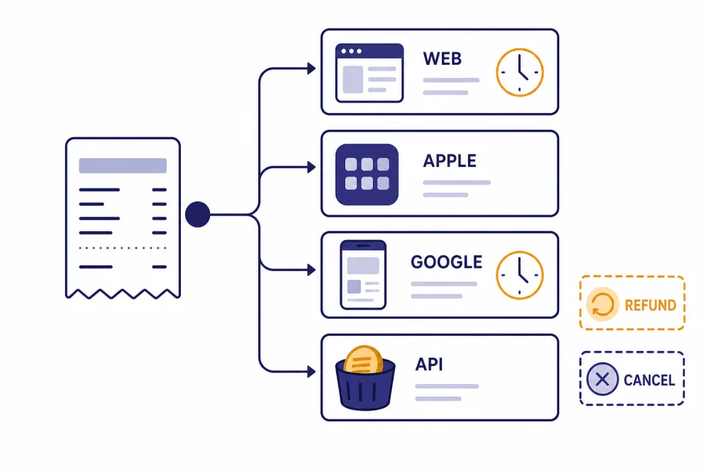 ChatGPT Refund Decision Path Refund dashboard with receipt branching to WEB, APPLE, GOOGLE, and API cards, plus REFUND and CANCEL stamps.