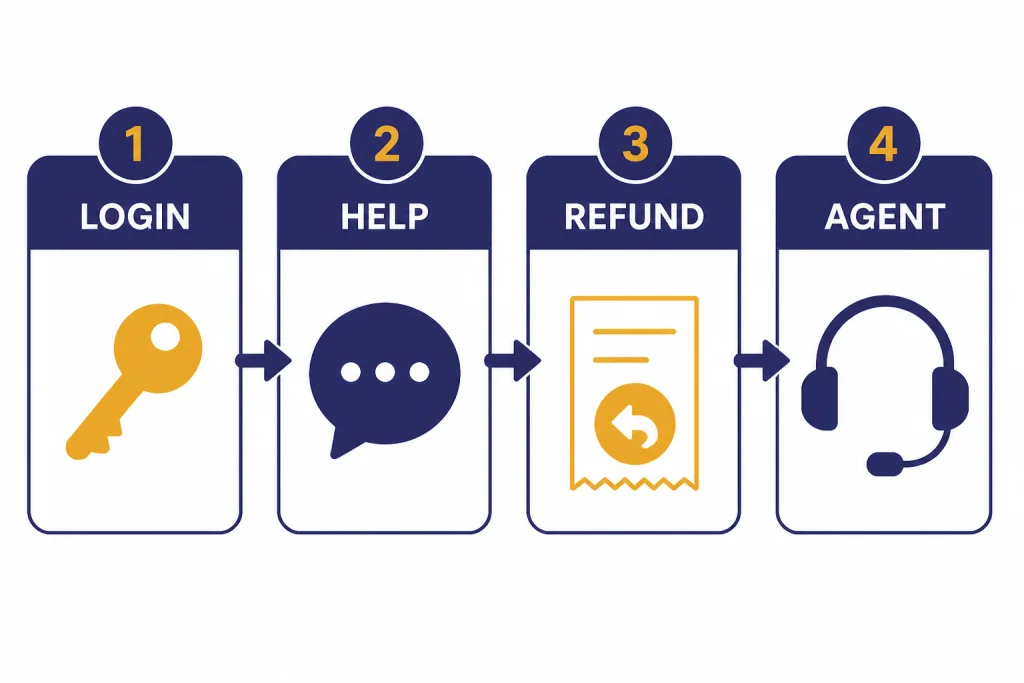 OpenAI Refund Request Flow Four connected support cards labeled LOGIN, HELP, REFUND, and AGENT with key, chat, receipt, and headset icons.