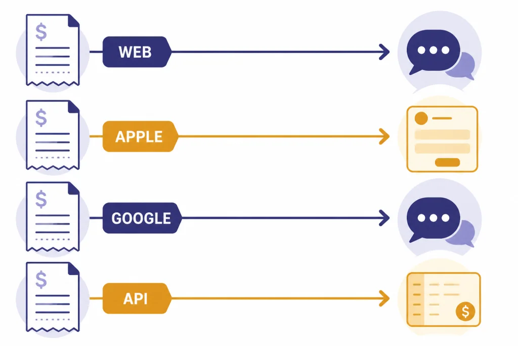 Refund Path by Payment Channel Four refund lanes labeled WEB, APPLE, GOOGLE, and API ending at chat, form, or credit ledger destinations.