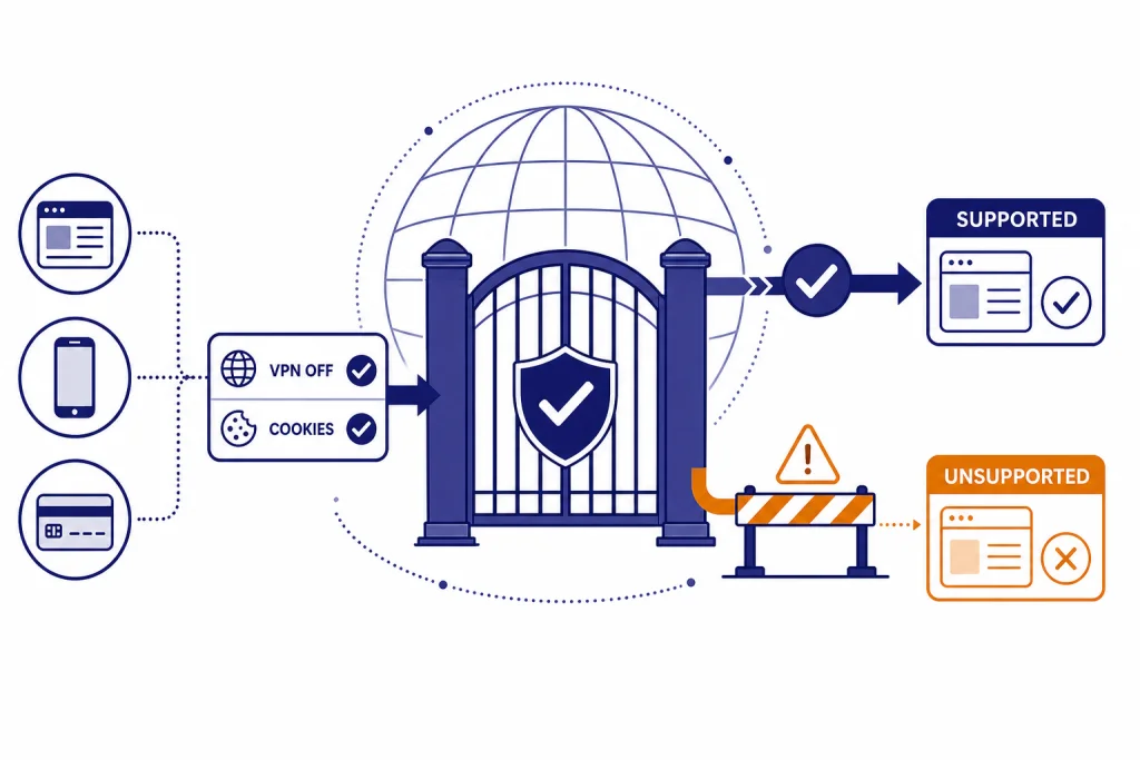 Region Access Diagnostic Gate Access gate diagram with paths labeled SUPPORTED and UNSUPPORTED plus VPN OFF and COOKIES inputs.