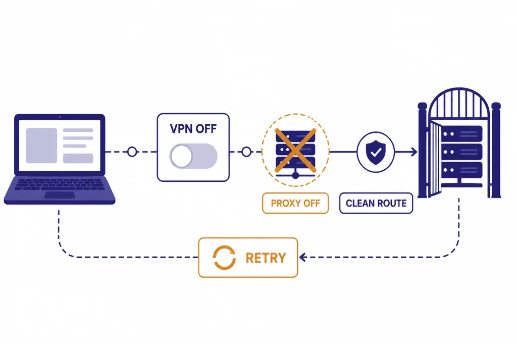 Network path diagram labeled VPN OFF, PROXY OFF, CLEAN ROUTE, and RETRY.
